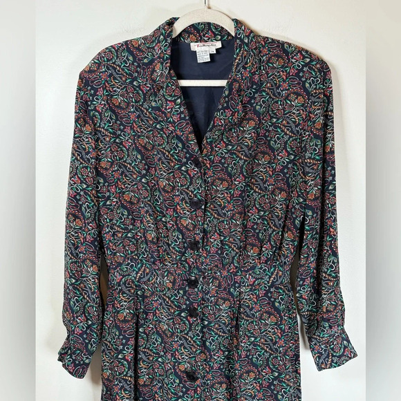 Vintage Talbots Shirt Dress 100% Silk Navy Green Floral Pattern Women’s Size 14 - Picture 2 of 10